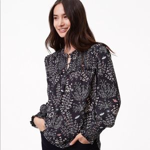 LOFT Navy Floral Butterfly Smocked Bell Sleeve Top